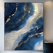 Luxury Handmade Abstract Oil Painting Wall Art Modern Golden Blue Minimalist Texture Canvas Mural For Living Room Decor Frameless
