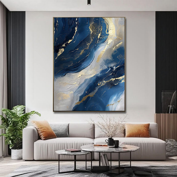 Luxury Handmade Abstract Oil Painting Wall Art Modern Golden Blue Minimalist Texture Canvas Mural For Living Room Decor Frameless