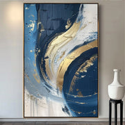 Luxury Handmade Abstract Oil Painting Wall Art Modern Golden Blue Minimalist Texture Canvas Mural For Living Room Decor Frameless