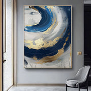 Luxury Handmade Abstract Oil Painting Wall Art Modern Golden Blue Minimalist Texture Canvas Mural For Living Room Decor Frameless