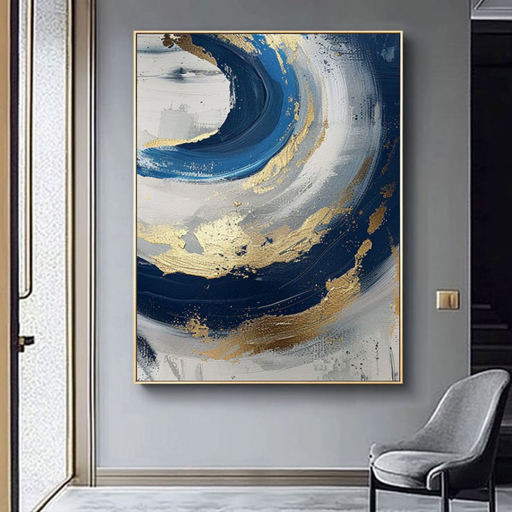 Luxury Handmade Abstract Oil Painting Wall Art Modern Golden Blue Minimalist Texture Canvas Mural For Living Room Decor Frameless